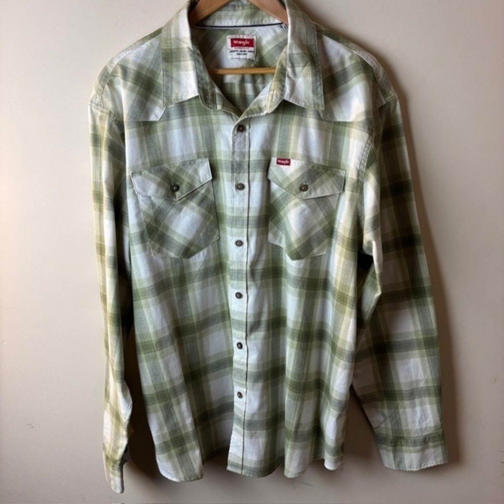 Mens 2XL Wrangler Western Button Up Shirt Green Plaid Woven Normcore Long Sleeve